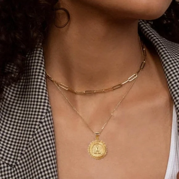 Chic 14K Gold Plated 2 Side Layered Chain Necklace with Medallion Letter R New